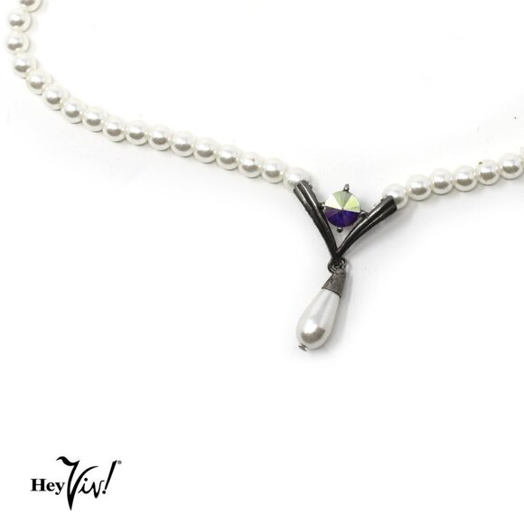 Vintage Faux Pearl Necklace w Center Rhinestone Pearl Drop - 15" Choker - Picture 1 of 5